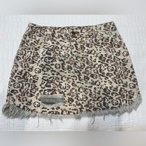 Denim Cheetah Distressed Mini Skirt